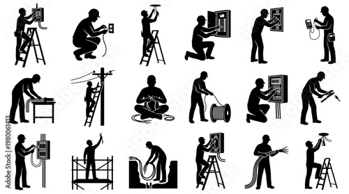 Electrician performing various tasks including wiring installation maintenance and repair on electrical panels and power lines with tools and equipment