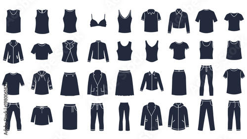 Grid of diverse clothing silhouettes includes tops, pants, jackets, and accessories for fashion planning and apparel design work.