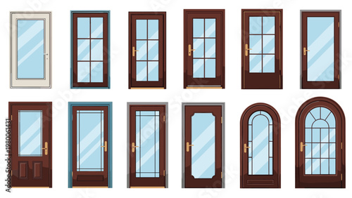 Collection of wooden exterior doors with large glass panes shows different framing styles for modern architecture and home entry.