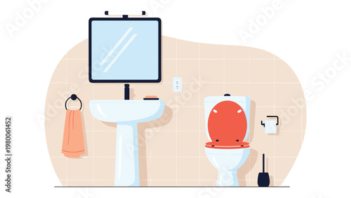 Modern bathroom interior illustration includes a pedestal sink, toilet with red seat, and essential accessories in a clean style.