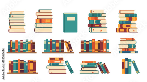 Detailed collection of book piles and shelf arrangements offers diverse options for educational, library, and bookstore graphics.