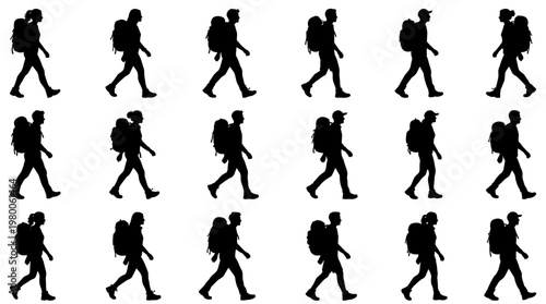 Silhouettes of hikers with backpacks walking in a row representing travel adventure and outdoor exploration on a white background