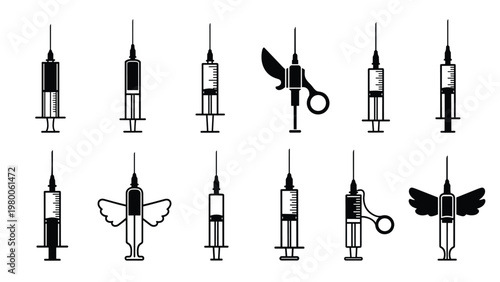 Collection of medical syringe silhouettes includes various needle sizes and unique designs for healthcare and pharmaceutical graphics.
