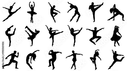 Diverse dance silhouettes showcasing ballet hip hop and contemporary moves against a white background representing artistic expression and movement