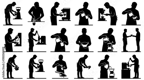 Collection of silhouettes showing baristas preparing coffee using various methods like espresso machines and pour over techniques