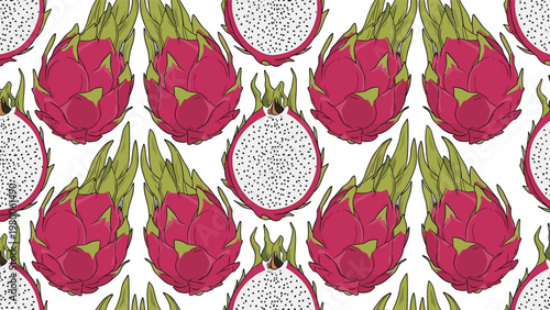 Seamless pattern of dragon fruit with whole and sliced pieces creates a vibrant tropical fruit theme for textile and packaging.