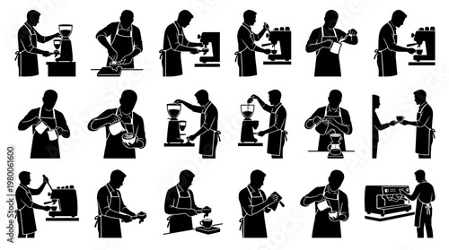Barista making coffee, detailed illustrations of coffee preparation steps, coffee shop workflow, and barista skills, professional coffee making process