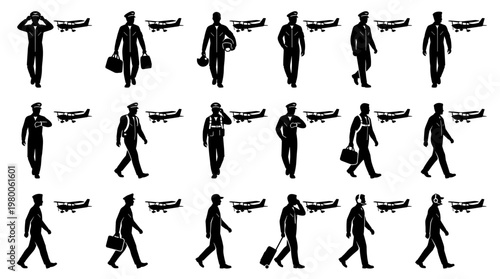 Collection of pilot silhouettes in various poses with airplanes in the background, representing aviation and travel concepts