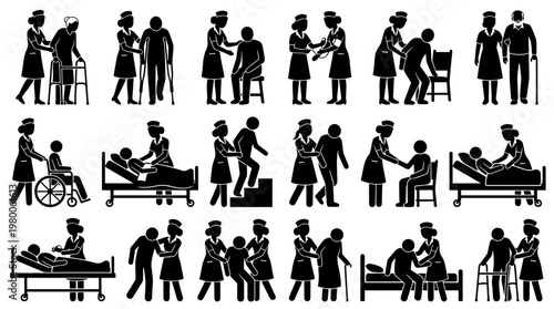 Elderly care assistance and support for seniors with mobility issues, nurses helping patients in wheelchairs and beds, medical aid concept