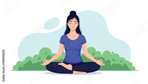 Serene woman meditating in a park setting surrounded by green bushes represents mindfulness, calm, and connection with nature.