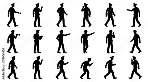 Collection of police officer silhouettes in various poses and actions, representing law enforcement and security roles, ideal for conceptual use.