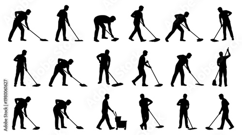 Collection of Silhouettes of People Sweeping and Cleaning Floors with Mops and Buckets Demonstrating Various Household Chores and Janitorial Tasks