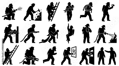 Firefighter silhouettes performing rescue and safety actions, including carrying victims, climbing ladders, and extinguishing flames, representing bravery and emergency services.