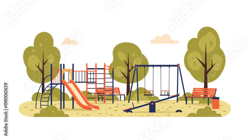 Colorful playground illustration with a slide, swings, and climbing frames provides a fun outdoor recreation theme for children.