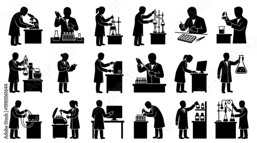 Scientists conducting experiments in a laboratory setting, showcasing research and development in a scientific environment with various equipment and procedures.