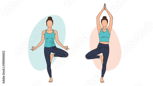 Illustration of a woman performing two different variations of the yoga tree pose promotes balance, health, and wellness exercises.