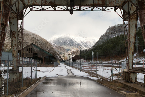 An old, disused gantry crane located at the Canfranc International Station in the Aragonese Pyrenees. Huesca, Spain