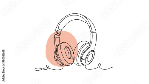 Wireless over-ear headphones illustrated in a continuous line drawing style with a soft pink decorative circle on a plain background.