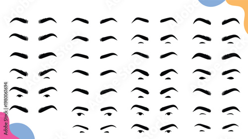 Comprehensive collection of diverse eyebrow shapes and styles for women illustrated in black silhouettes on a clean white background.