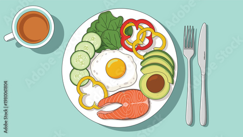 Top down view of a nutritious breakfast plate with fried egg salmon avocado cucumber spinach and peppers served with a cup of coffee.