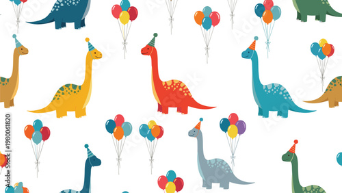 Fun seamless pattern for kids featuring colorful long-necked dinosaurs wearing festive party hats and holding bundles of balloons.