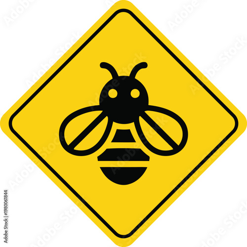 Yellow diamond warning sign with a black bee icon representing a hazard or caution for insects isolated on white background
