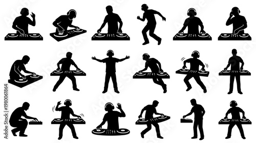 collection of dj silhouettes performing at turntables, representing music entertainment and nightlife