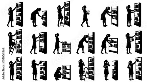 Collection of Silhouettes Illustrating Diverse Activities Related to Books and Libraries Showing People Reading Studying and Organizing Books