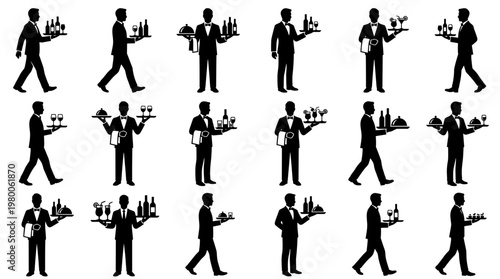 Collection of waiter silhouettes serving drinks and food on trays, representing hospitality and professional service in a restaurant or event setting