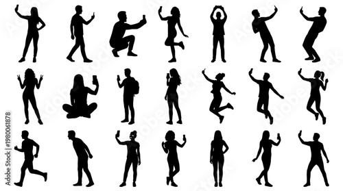 Diverse group of people silhouettes in various poses capturing selfies with smartphones, showcasing modern communication and social media engagement