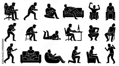 Diverse group of people playing video games in various poses and settings, showcasing modern entertainment and digital lifestyle