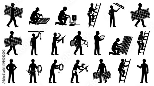 Solar panel installation workers performing various tasks on rooftops and ladders, illustrating renewable energy setup and construction services