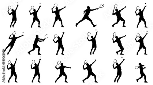 Tennis player silhouette collection showing various serving and hitting actions in dynamic poses on a white background