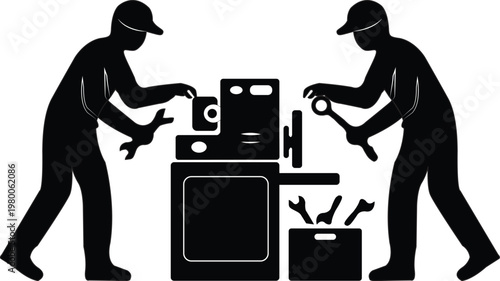 Two Men Repairing Household Appliances Silhouette Vector Illustration