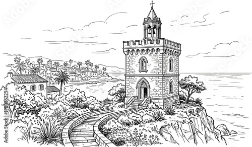Historic coastal watchtower with stone pathway overlooking seaside village and ocean scenic architectural line illustration