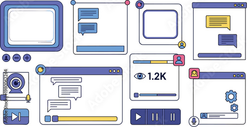 Modern UI dashboard elements vector illustration with chat windows media player sliders notifications and interface components for web and mobile design