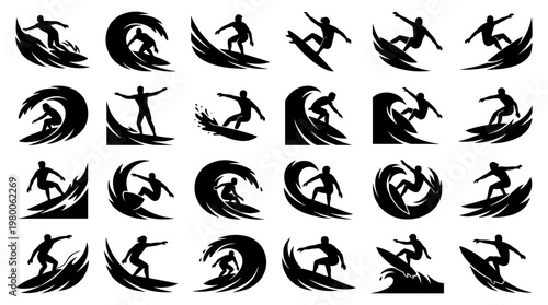 Collection of dynamic black and white surfer silhouettes riding waves, capturing the thrill of extreme water sports and ocean adventure