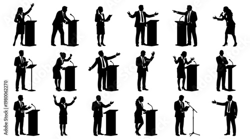 Diverse group of people speaking from podiums, representing public speaking, debate, and political rallies, conveying communication and presentation concepts.