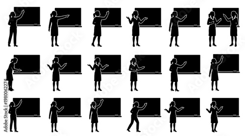 Collection of diverse female teacher silhouettes presenting lessons at a blackboard, demonstrating various teaching poses and gestures for educational concepts