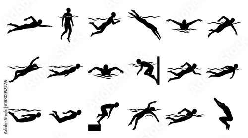 Collection of black silhouettes of swimmers performing various actions in water including diving swimming and jumping representing sports and healthy lifestyle activities