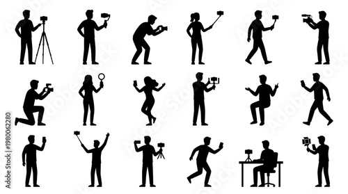 Diverse group of people silhouettes capturing content with cameras tripods and selfie sticks for social media and vlogging