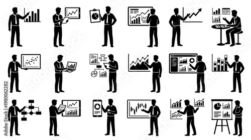 Business professionals presenting data and charts with diverse visual aids like screens tablets and flip charts showcasing analytics and growth strategies