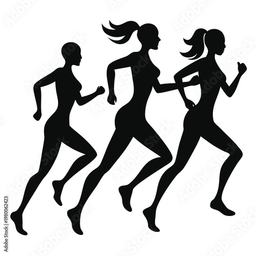 Three female silhouettes are dynamically running showcasing athleticism and movement in black