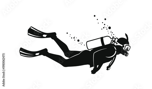 A striking black illustration depicts a scuba diver in mid motion underwater surrounded by bubbles presenting a dramatic silhouette high quality professional detailed modern