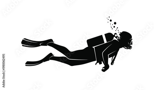 A black silhouette depicts a scuba diver swimming horizontally underwater equipped with fins a mask and oxygen tank silhouette high quality professional detailed modern