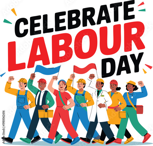 Diverse group of people celebrating labour day with flags and signs