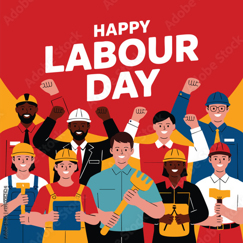 Diverse workers celebrating labour day with tools and flags