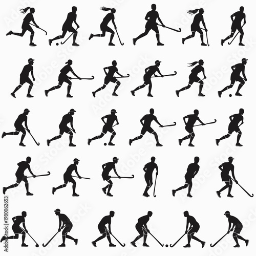 Silhouettes of field hockey players in various action poses against a white background