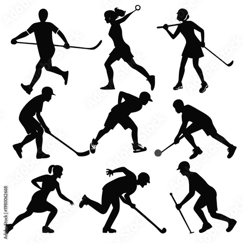 Silhouettes of diverse hockey players in action showcasing dynamic movement and sportsmanship