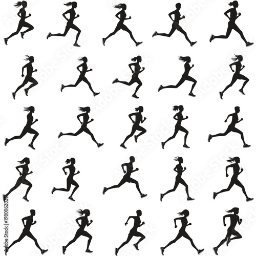 A collection of twenty five black silhouettes depicting people actively running or jogging